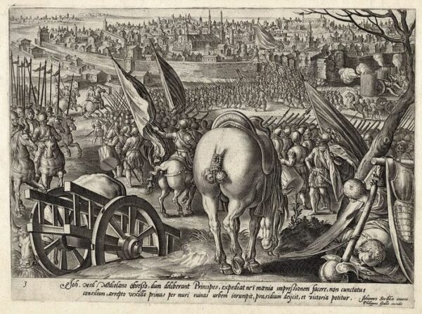 Joan Stradanus (1523-1605), Philips Galle (1537-1612) - Siege of Milan of 1524. History Medici of Hendrick Goltzius/Ph.Galle. First state.