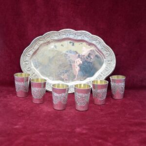 6 Weinbecher für Kiddusch und Tablett - .925 Silber - Israel - Mitte des 20. Jahrhunderts