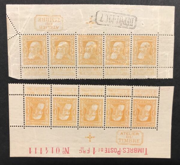 Belgien 1908 - Rough beard 1fr in two distinguished nuances - Edge strips of five - Unique - OBP 79 & 79a
