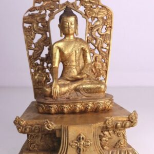 Schöne Buddha-Statue auf Thron sitzend - Bronze, Vergoldet - Tibet - Ende des 20. Jahrhunderts