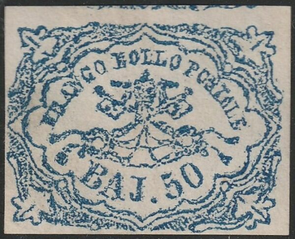 Italienische antike Staaten - Kirchenstaat 1864 - I Em. 50 b. Stampa Difettosa azz. oltremare sc. grandi margini nuovo Rarità Certificata lusso - Sassone N.12
