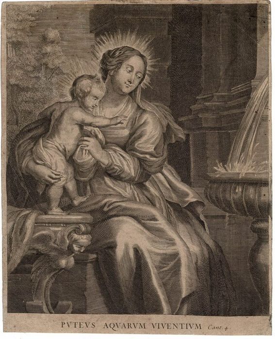 Pieter Paul Rubens (1577-1640), anonymous after Schelte à Bolswert. - The Virgin and Child near a fountain.