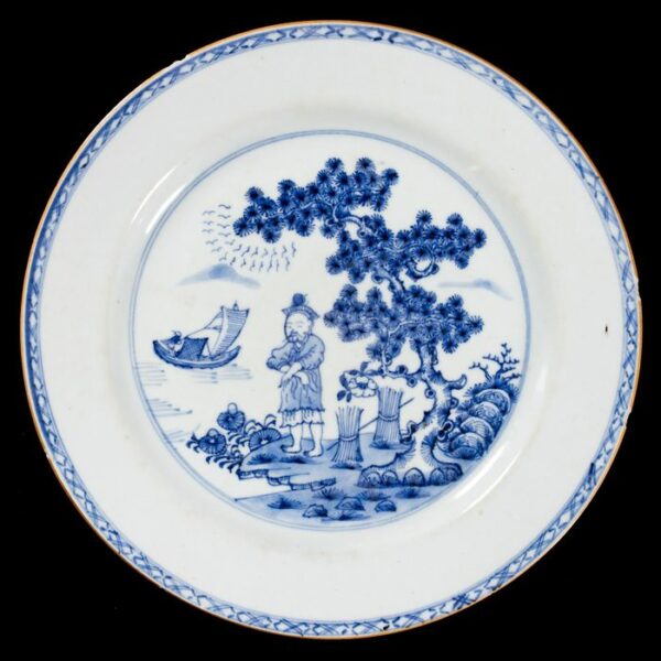 Blau-weiße Platte mit Fischerlandschaft - Porzellan - China - 18. Jahrhundert