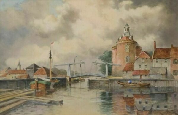 Hermanus Koekkoek II (under pseudonym Louis van Staaten) (1836 - 1909) - Canal Scene in Enkhuizen, Netherlands