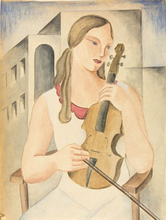 European school (20th century) - Girl with violin - Art Deco/ Cubist composition
