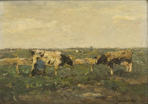 Louis Stutterheim (1873-1943) - Landschap met twee koeien en melkende boer.
