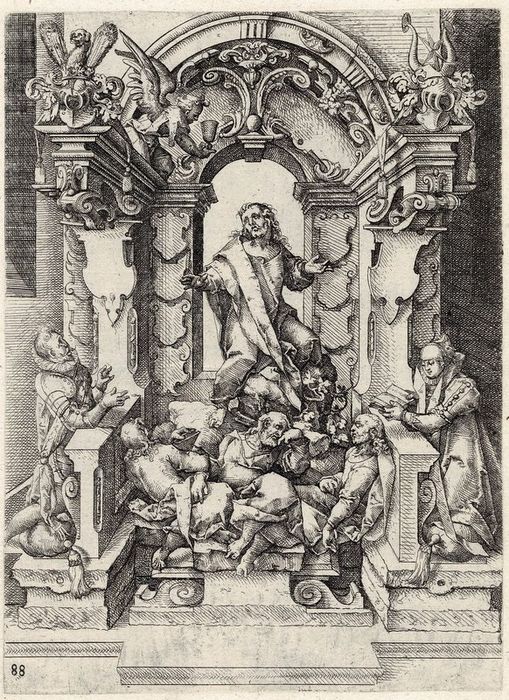 Wendel I Dietterlin (1550-1599) - Christ on mount Olive, his disciples sleeping. Architectural renaissance study.