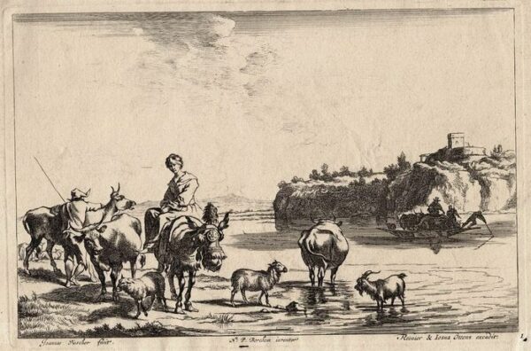 Nicolaes Berchem (1622-1683), Jan de Visscher (1636-1692) after, - Italian French landscape. A shepherd and a shepherdess wait on the bank of a river for the ferry.