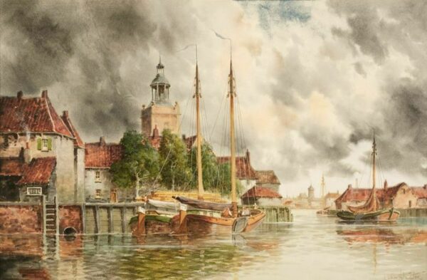 Hermanus Koekkoek II (under pseudonym Louis van Staaten) (1836 - 1909) - Old Dordrecht, Netherlands
