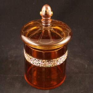 Antikes Glas mit Deckel mit emailliertem Rand - Emaille, Glas