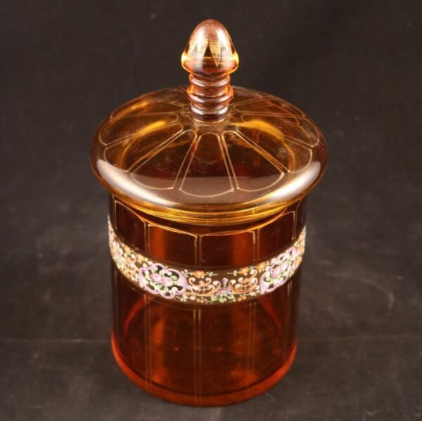 Antikes Glas mit Deckel mit emailliertem Rand - Emaille, Glas