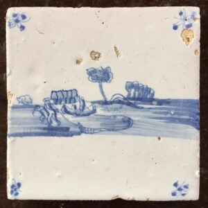 Antike Delfter Fliese mit einem Bild einer Fischereizeit 1675-1725. (1) - Töpferware