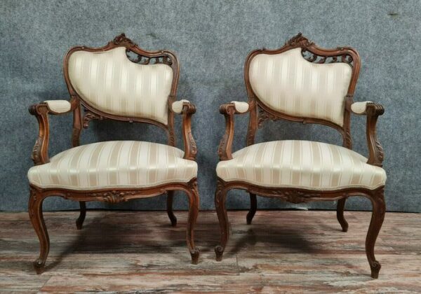 Lehnsessel (2) - Louis XV-Stil - Holz, Mit einem Wandteppich im Seidenstil - Zweite Hälfte des 19. Jahrhunderts