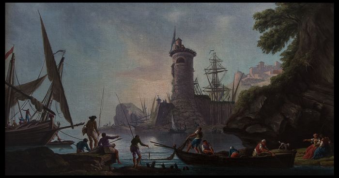 Pittore del XIX secolo - Marina con veduta costiera