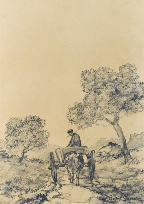 Joseph Gindra (1862-1938) - Landschap met boerenkar