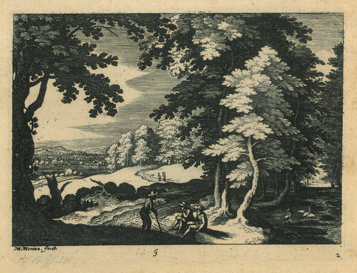 Matthäus I Merian (1593-1650) - Gesprek tussen drie mannen aan bosrand