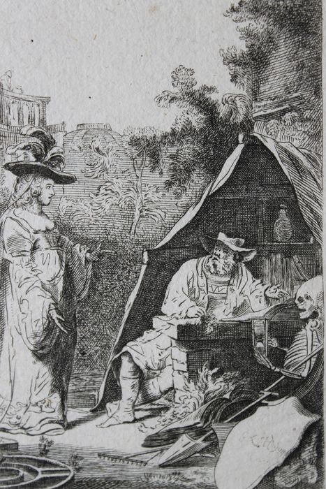 Rembrandt (1606-1669), after. By Johann Georg Hertel (1719-1768) - Young woman, an old man and Death.